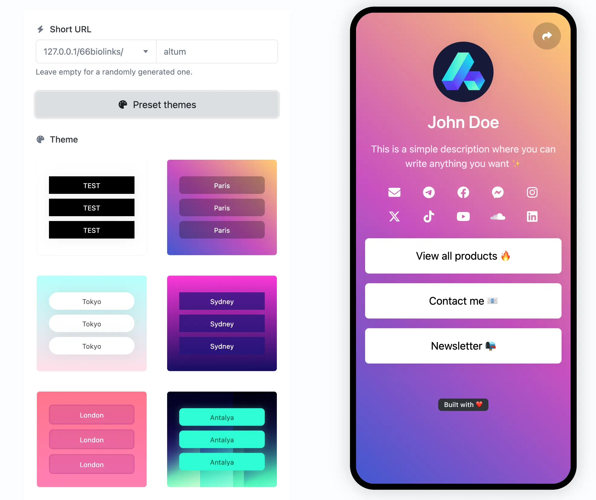Capture d'écran de la page d'édition du biolink de l'application